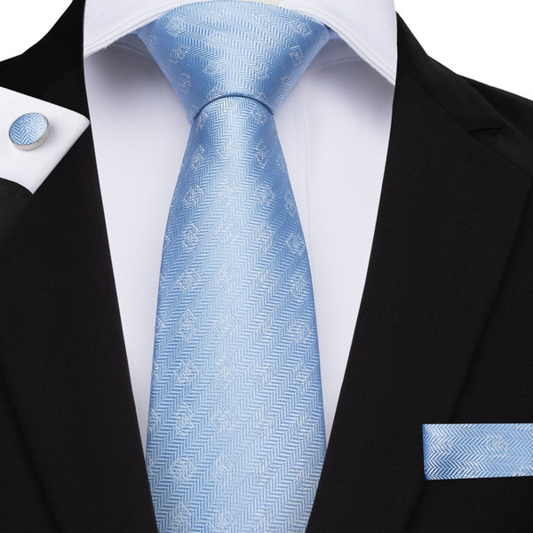 Hi-Tie Fashion Sky Blue Plaid Tie 100% Silk 8cm Necktie for Men Hanky and Cufflinks For Mens Party Wedding N-7087