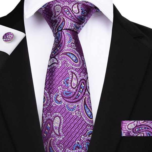 Hi-Tie New Designer Purple Floral Tie 8cm Ties 100% Silk Necktie for Men Hanky Cufflinks Party Wedding Tie Set N-7118