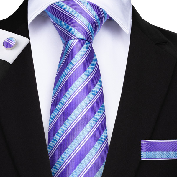 Hi-Tie Purple Blue Mix Stripe Necktie Set Hankerchief Cufflinks Jacquard Woven Mens tie Set Business Work Formal Meeting N-7106