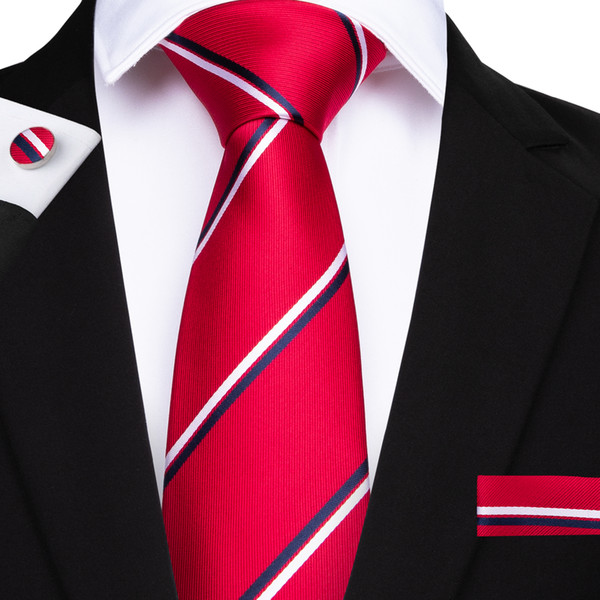 Hi-Tie Red Stripe Tie Silk Tie Set Classic Tie for Men with Cufflink Pocket Square for Wedding Party Business N-7105