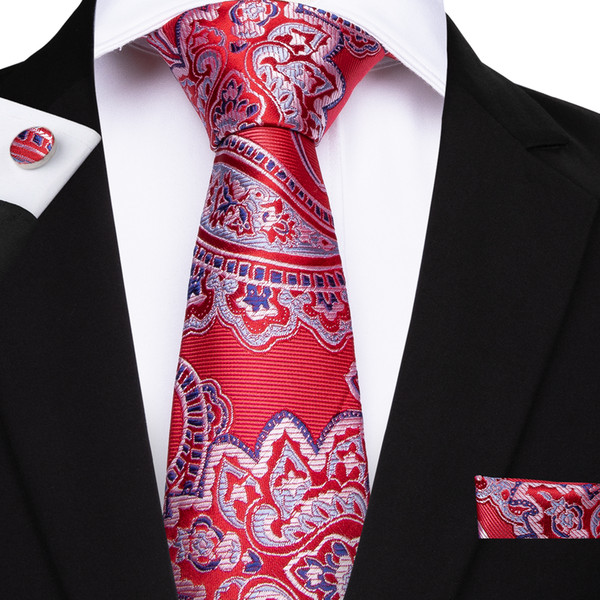 Hi-Tie Wedding Party Mens Ties Red Floral Woven Men Tie Pocket Square Set Fashion Ties for Men Necktie Cufflink Set N-7107