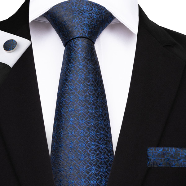 Hi-Tie New Geometric Pattern Tie Set Silk Blue Plaid Silk Hankychief Cufflinks Set for Mens Wedding Business Suit N-7158