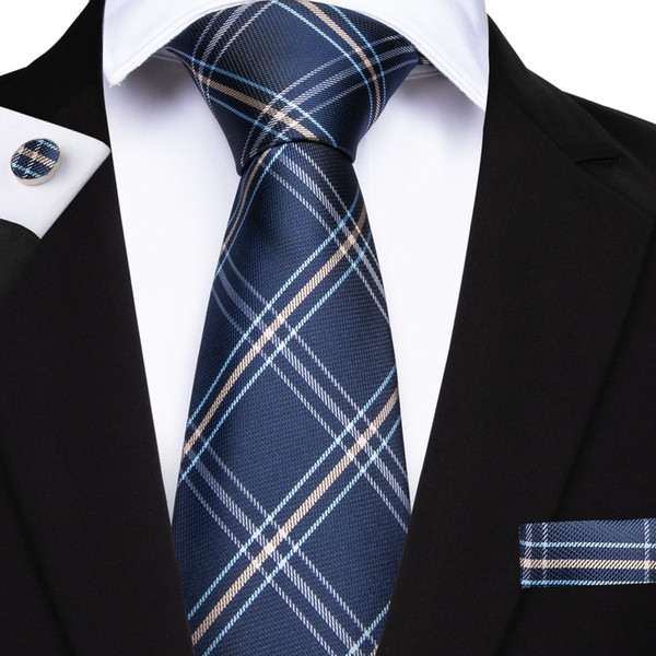 Hi-Tie New Ties With Plaid 100% Handmade Silk Deep Blue Tie Hanky Cufflinks Jacquard Wove Necktie For Weeding Business N-7132