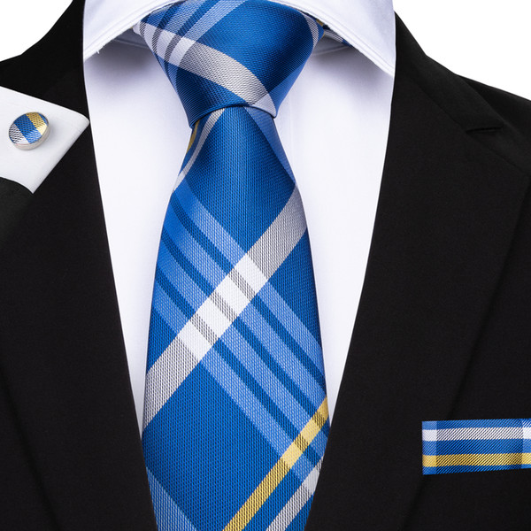 Hi-Tie Classic Blue Tie With White Stripe Sets Hanky Cufflinks 100% Silk Neckties Formal Causal Wedding Party N-7125