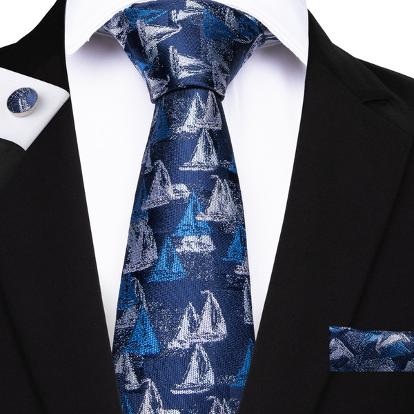 Hi-Tie New Designer Brand Necktie For Men Blue Sailboat Pattern Jacquard Woven Silk Tie Pocket Square Cufflinks Set Wedding N-7072