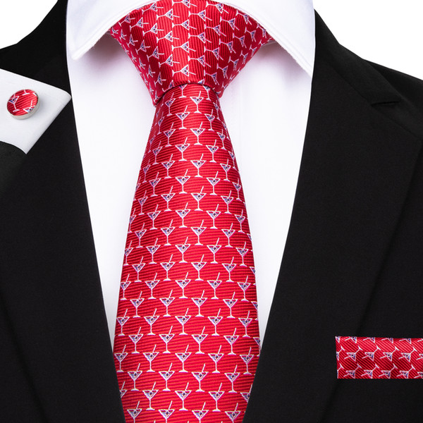 Hi-Tie Stylish Red Cocktail Cup Pattern Ties Set Jacquard Woven Pocket Square Cufflinks For Luxury Wedding Party N-7082