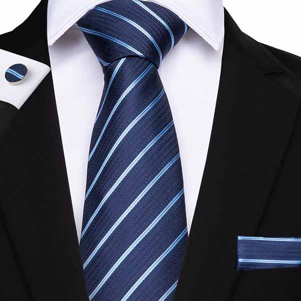 New Hot Ties Mens Necktie Blue Stripe Tie Pocket Square Cufflinks 100% Silk Handmade 150cm Business Wedding Handkerchief