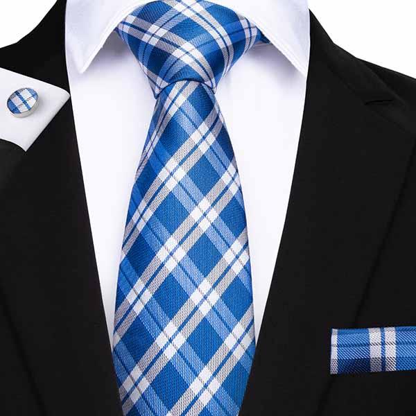 New Ties With Plaid 100% Handmade Silk Blu Sky Tie Hanky Cufflinks 150cm Jacquard Wove Necktie For Weeding Business Party SN-7129