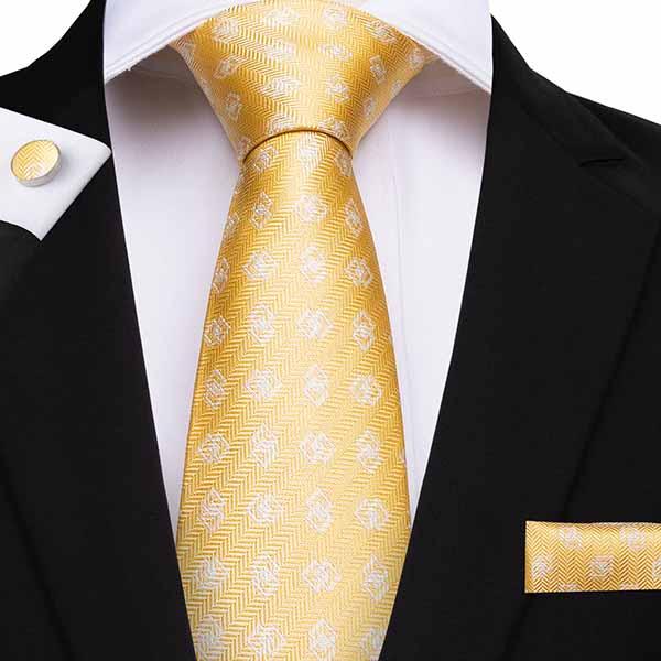 Hi-Tie New Ties Gold Floral Tie Pocket Square Cufflinks 100% Silk Handmade High Quality 150cm Wedding Business Christmas Necktie SN-7085