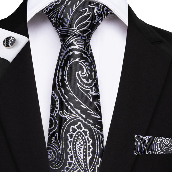 Paisly Ties Mens Necktie Black Floral Jacquard Woven 100% Silk Tie Hanky Cufflinks Business Party Handkerchief Classic Gravatas SN-7051