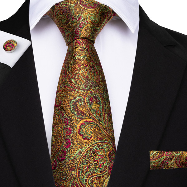 Hi-Tie Fashion Necktie set 100% Silk Gold Floral Ties for Mens Formal Business Luxury Wedding Party N-7110