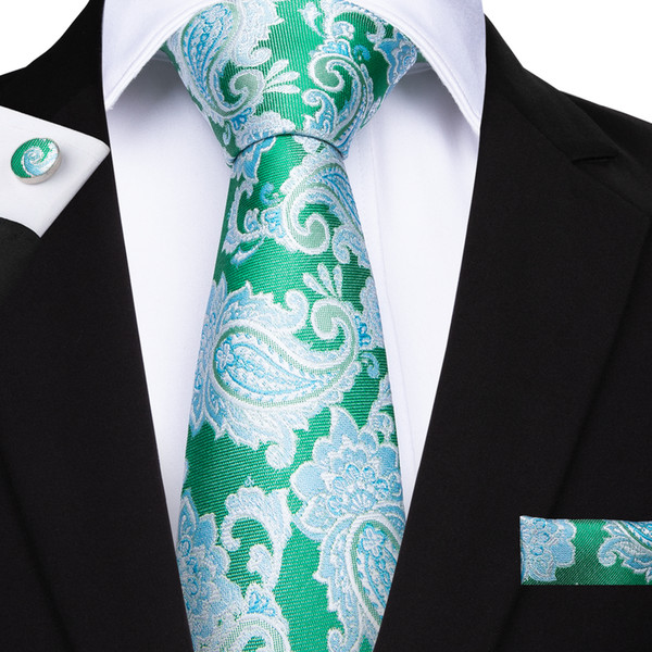 Hi-Tie High Quality Necktie Set Fashion Green Tie With White Floral for Mens Business Luxury Wedding Party N-7119