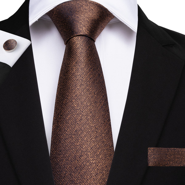 Hi-Tie Fashionable Tie Sets Hanky Cufflinks Brown Solid Jacquard Woven Silk Neckties Formal Casual Wedding Party N-7136