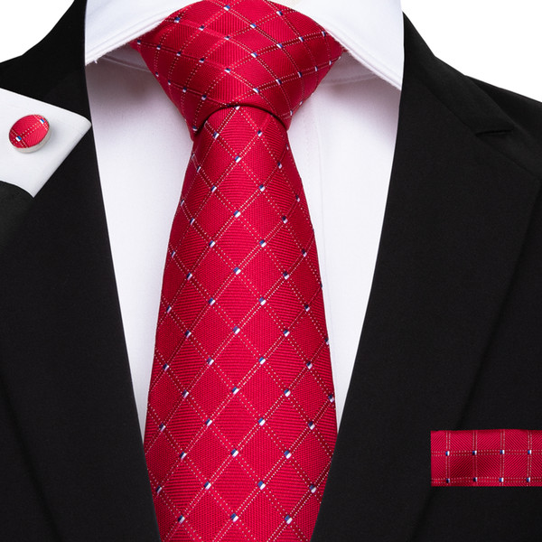 Hi-Tie Red Plaid Silk Tie Set For Men Hanky Cufflinks Jacquard Woven Neck Tie For Mens Set Business Work Wedding N-7131