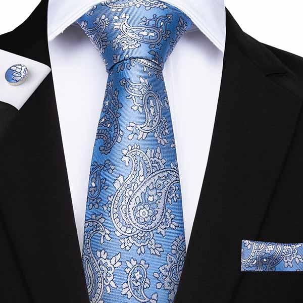 Paisly Ties Mens Necktie Blue Floral Jacquard Woven 100% Silk Tie Hanky Cufflinks Business Party Handkerchief Classic Gravatas SN-7112