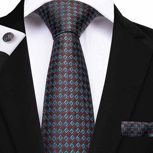 Men Ties Novelty Mens Tie Brown Blue100% Silk Jacquard Woven Handmade Necktie Nusiness Weeding Party Tie Pocket Square Cufflinks SN-7136