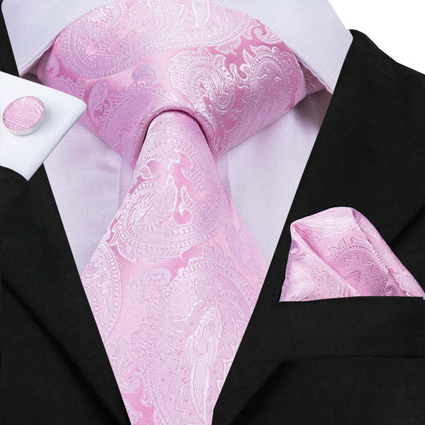 HI-TIE Pink Silk Classic Business Necktie 100% High Quality Gravatas Pocket Square Cufflinks Set For Business Wedding N-3061