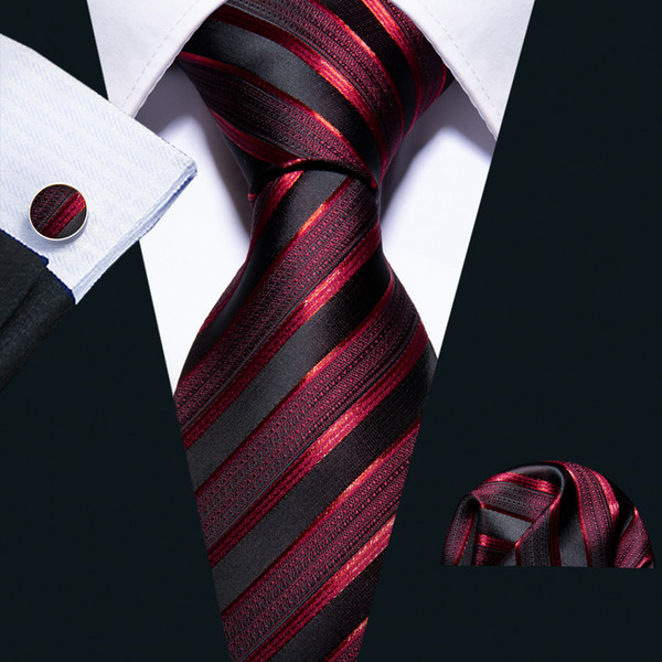 Hi-Tie Mens 100% Silk Ties Designers Fashion Black Red Stripes Tie Hanky Cufflinks Sets for Mens Formal Wedding Party Groom N-5022