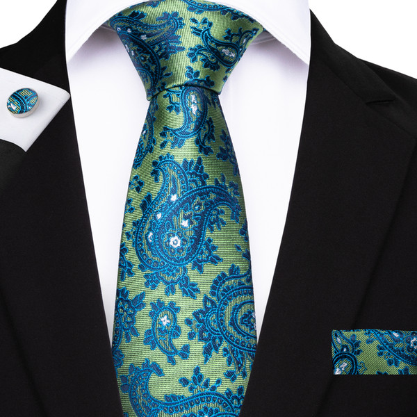 Hi-Tie Green Tie With Blue Floral Flower Mens Tie Hankerchief Cufflinks Set Sky Silk Business Casual Party Necktie Jacquard Woven N-7114