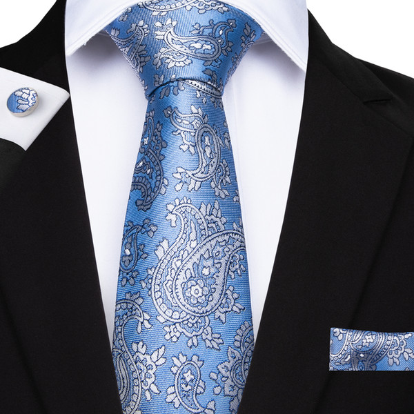 Hi-Tie Blue Mens Neck Ties Jacquare Woven Floral Silk Tie Handkerchief Cuddlinks for Men Wedding Business Gift N-7112