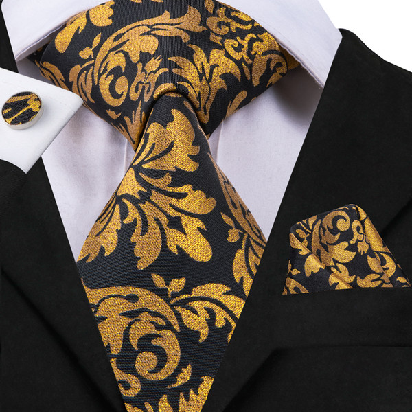 HI-TIE Luxury Black yellow Tie Hanky Cufflinks Sets Men's Silk Ties for men Wedding Dating BusinessParty Groom N-3058