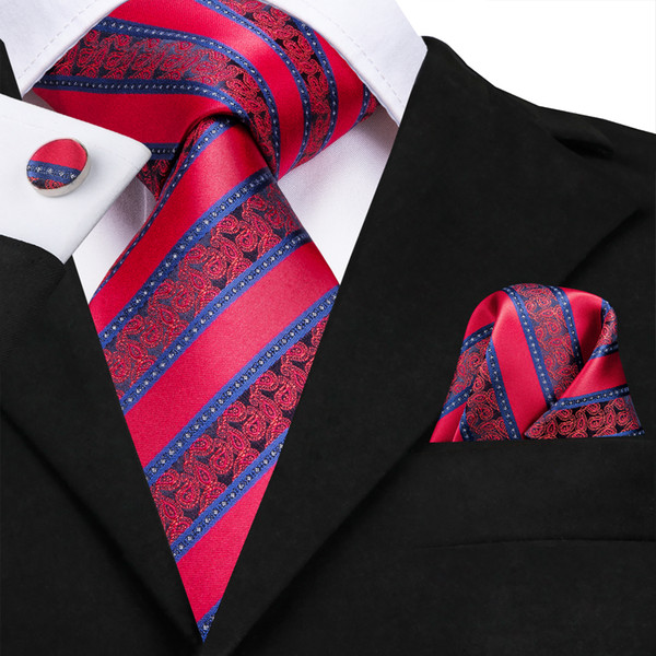 Hi-Tie 100% Silk Red Floral Neckties For Men Blue Striped Pattern Ties Hanky Cufflinks Set for Mens Wedding Party N-3133