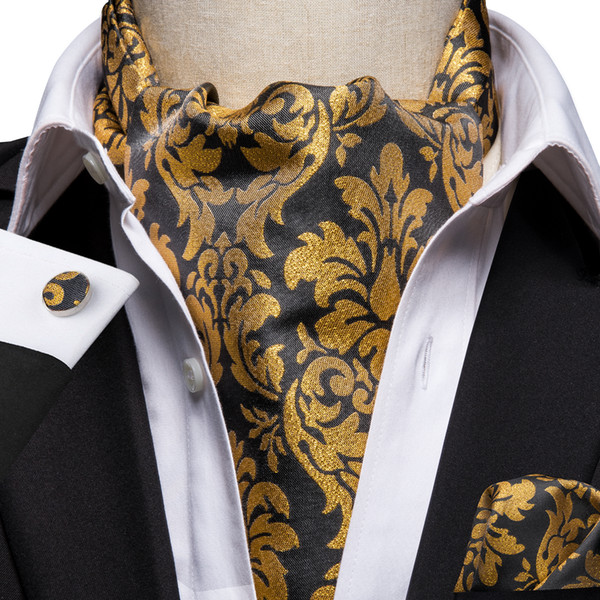 Hi-Tie Men's Classic Black Yellow Floral Ascot Cravat Vintage Ascot Handkerchief Cuffflinks Cravat Set For Mens Wedding Party AS-1007