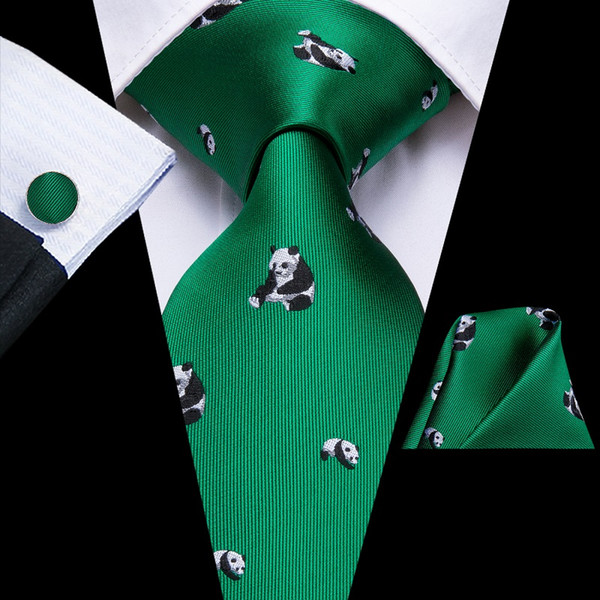 Hi-Tie Neck Tie Set Custom Logo Panda Animal Pattern Green Men Silk Tie Set Free Drop Shipping N-3281