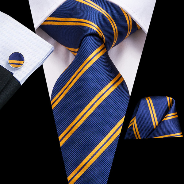 Hi-Tie Mens 100% Silk Ties Designers Fashion Navy Blue Gold Striped Tie Hanky Cufflinks Sets for Mens Formal Wedding Party Groom N-3136