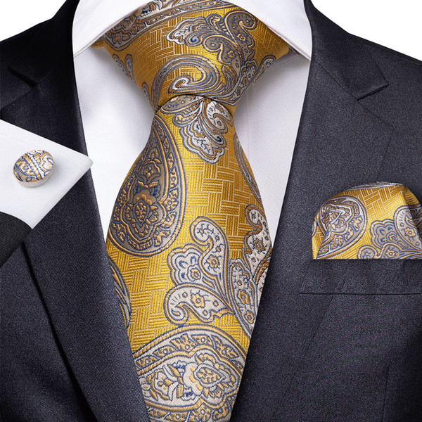 Hi-Tie Mens 100% Silk Ties Designers Fashion Yellow White Paisley Tie Hanky Cufflinks Sets for Mens Formal Wedding Party Groom N-1730