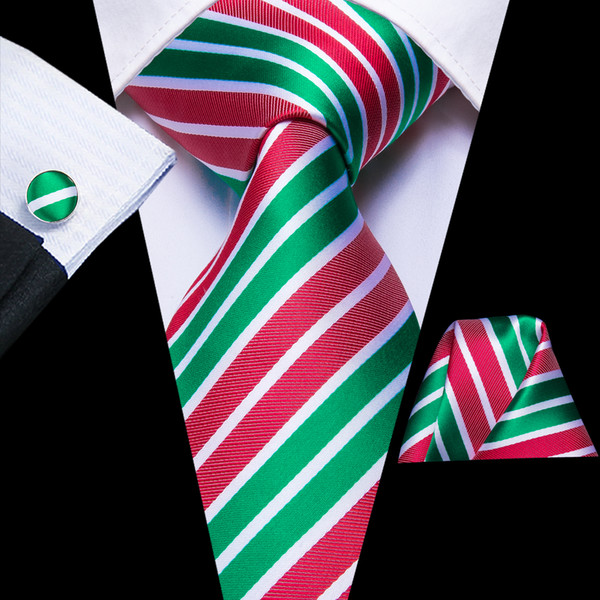 Hi-Tie Mens 100% Silk Ties Designers Fashion Red White Green Striped Tie Hanky Cufflinks Sets for Mens Formal Wedding Christmas N-3317