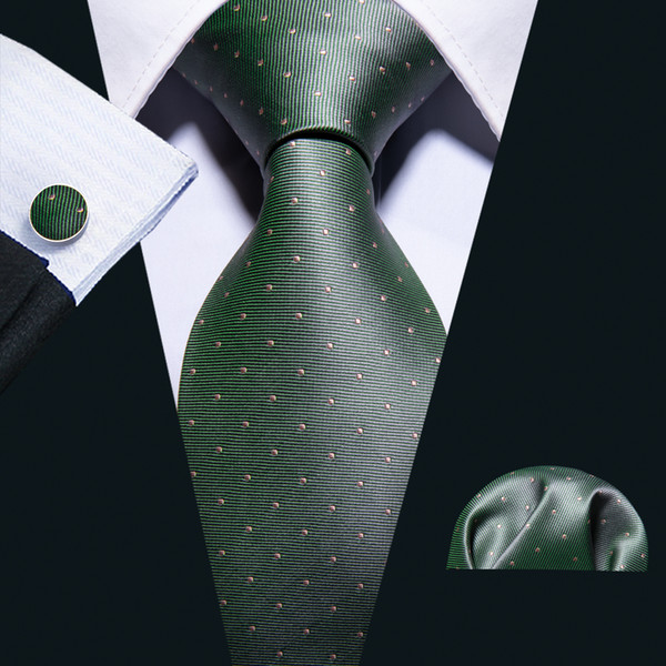 Hi-Tie Fashion Green and Yellow Dot Tie 100% Silk 8.5cm Necktie for Men Hanky and Cufflinks Business Party Wedding N-5094