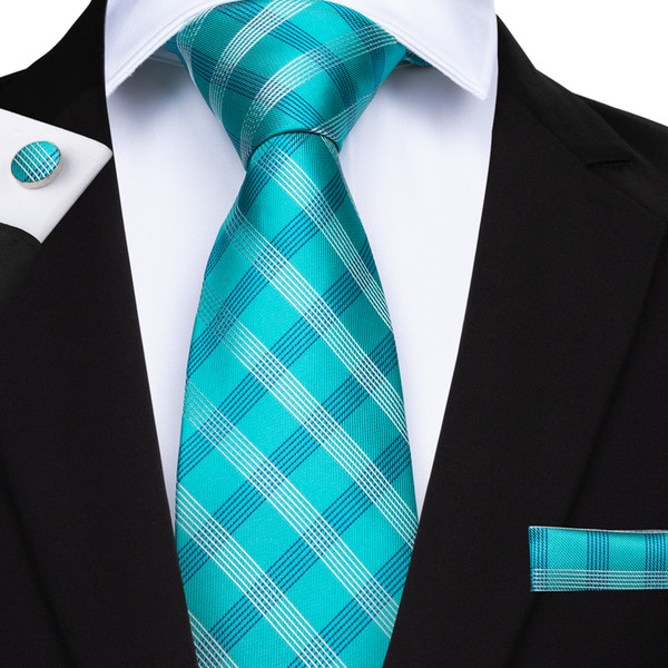 Hi-Tie Classic Men's Plaid Tie Set Fashion Cyan Ties Necktie Hanky Cufflinks For Formal Business Suit N-7134