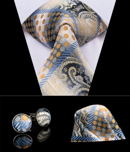 Hi-Tie New Golde Folral Tie 100% Silk Neckties for Men Jacquard Wowen Luxury Tie Handkerchief Cufflinks Set Business Wedding Tie Set N-3005