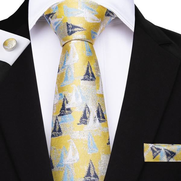 Hi-Tie New Arriving Silk Tie Yellow Sailboat Pattern Tie Hanky Cufflinks Set 100% Jacquard Woven Neckties for Mens Suit N-7075