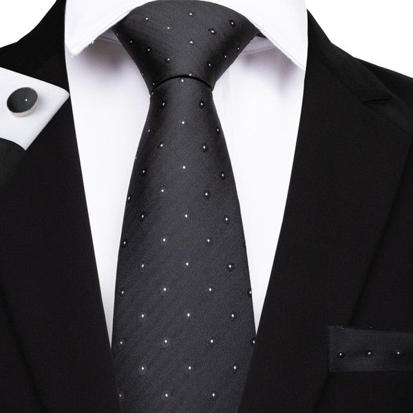 Hi-Tie Black Classic Necktie Set White Dot 100% Silk Ties for Formal Mens Formal Business Suit Wedding Party N-7151