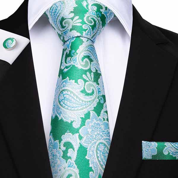 Paisly Ties Mens Necktie Fright Green Jacquard Woven 100% Silk Tie Hanky Cufflinks Business Party Handkerchief Classic Gravatas SN-7119