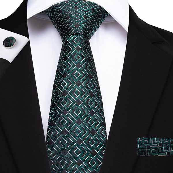 Brand Men Classic Ties Peacock Green Black Geometric Handkerchief 100% Silk Jacquard Woven Tie Pocket Square Cufflinks Weeding Ties SN-7157