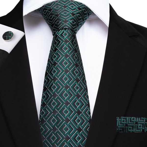 Hi-Tie New Geometric Pattern Tie Set Silk Dark Green Silk Hankychief Cufflinks Set for Mens Wedding Business Suit N-7157