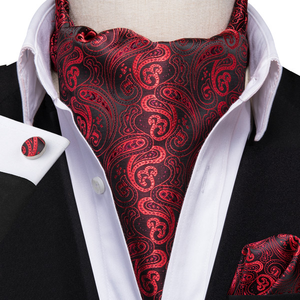 Hi-Tie Men's Classic Red Black Paisley Ascot Cravat Vintage Ascot Handkerchief Cuffflinks Cravat Set For Mens Wedding Party AS-1002