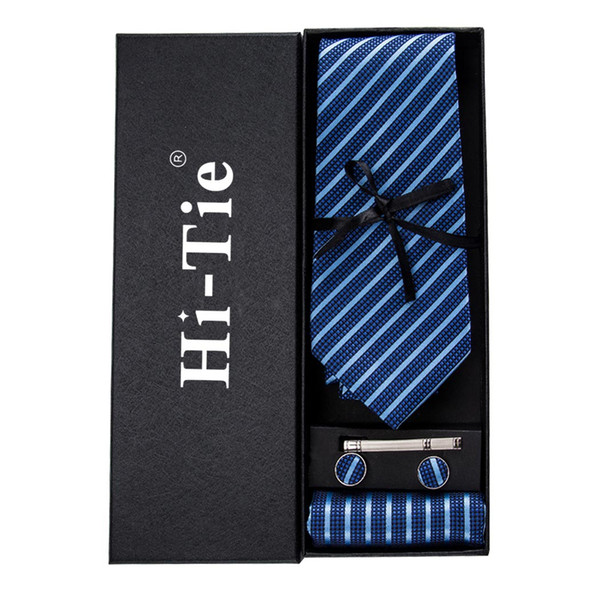 Mens silk tie Classic blue stripe with handkerchief cufflinks collar clip set of 4 Wholesale Necktie Mens Tie Set free shipping