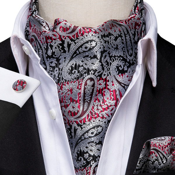 Hi-Tie Men's Classic Red Black Paisley Ascot Cravat Vintage Ascot Handkerchief Cuffflinks Cravat Set For Mens Wedding Party AS-1003