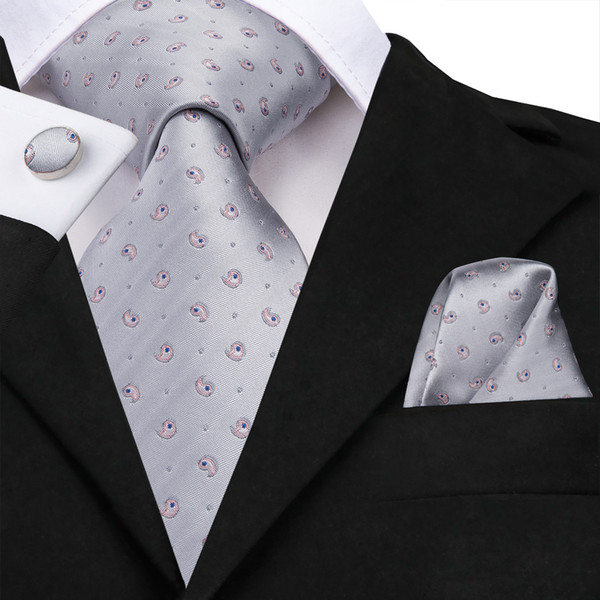 Hi-Tie Neck Tie Set Novelty Jacquard Sliver Grey Pink Dot Silk Tie for Man Necktie Pocket Square Cufflinks Free Drop Shipping N-3240