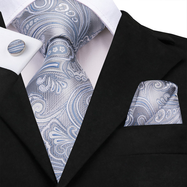 HI-TIE High Quality Sliver Bule Paisley Tie Hanky Cufflinks Sets Men's 100% Silk Neck Ties for men Formal Wedding Party Groom N-3242