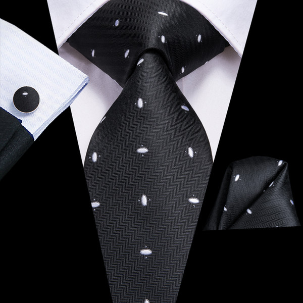 Hi-Tie Famous Brand Black White Necktie Novelty Dot Tie For Man Silk Fabric Jacquard Woven Made In China Ties Hanky Cufflinks Set N-3187