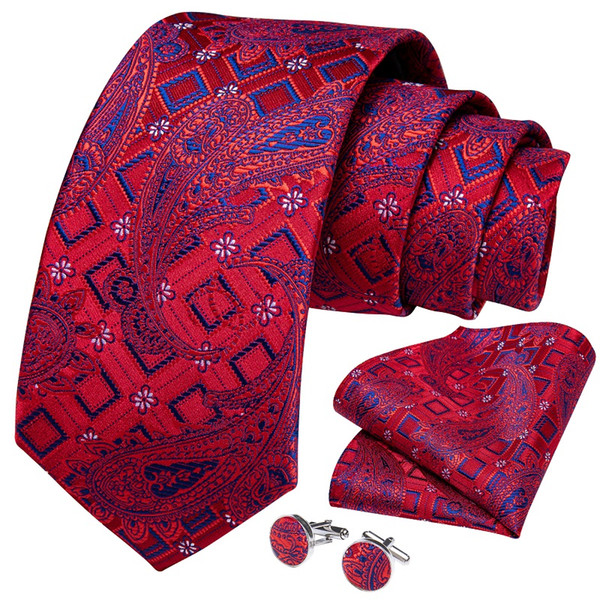 Hi-Tie Neck Tie Set Italian Silk Geometric Floral Paisley Red and Blue Mens Ties Free Drop Shipping N-7350