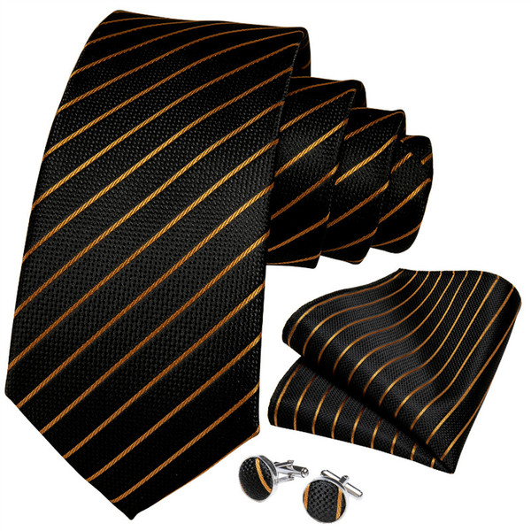 Hi-Tie Neck Tie Set Private Label Silk Men Black and Gold Necktie Tie Stripe Set Free Drop Shipping N-7331