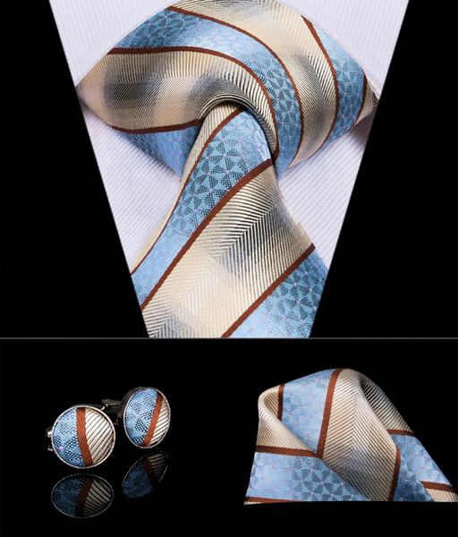 Hi-Tie Luxury Design Blue Yellow Stripe Mens Necktie Classic Silk Tie Handkerchief Cufflinks Set Business Party Wedding Tie Set N-3015