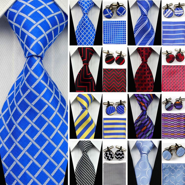 Suit Necktie Ties for Men Gravatas Mens Accessories Wide Silk Tie Set Geometric Plaid Business Hanky Handkerchief Cufflinks SNT