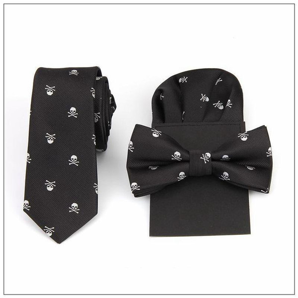 tie bow tie handkerchief set print skull hanky pocket square polyester handkerchief bowknot handkie wedding red black blue